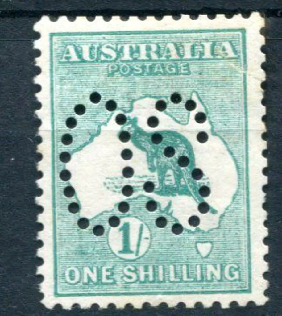 1913 1/- green, 1st wmk perfined large "OS". MLH. ... Image 1++