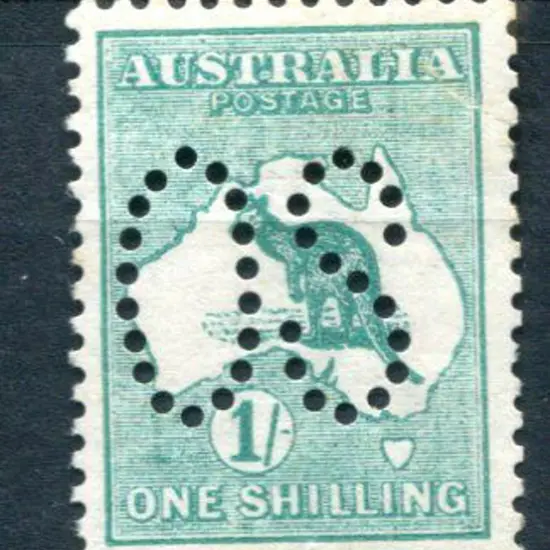 1913 1/- green, 1st wmk perfined large "OS". MLH. ...