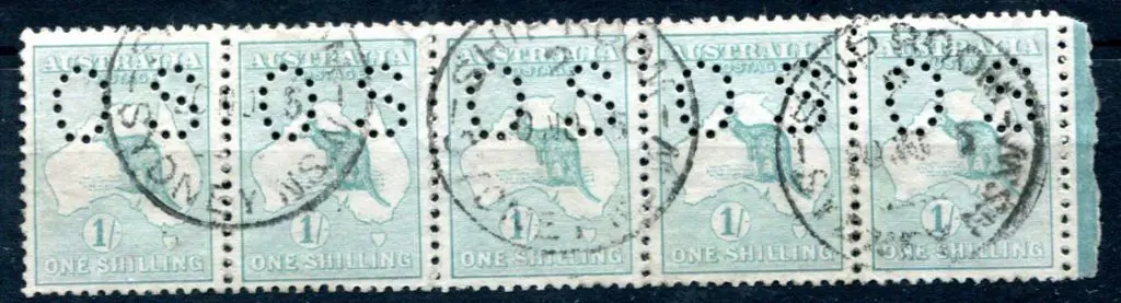 1913 1/- pale blue-green, 1st wmk horiz strip of 5 ... Image 1++