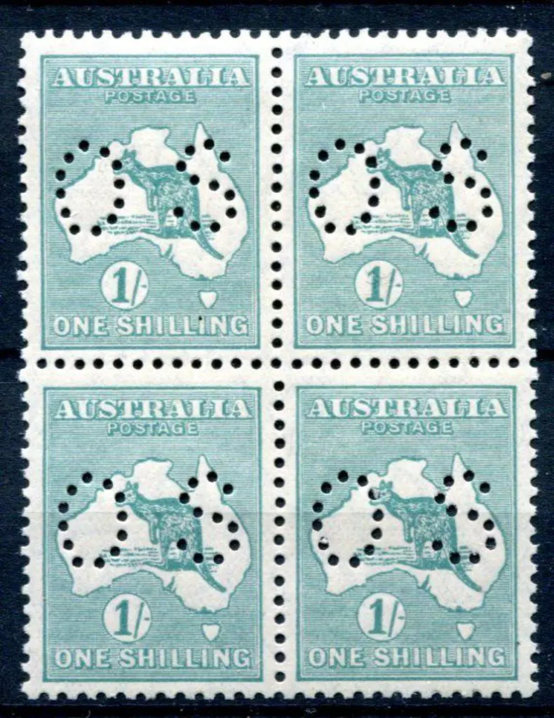 1929/30 1/- blue-green, SMW block of 4 perfined ... Image 1++