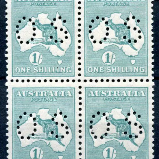 1929/30 1/- blue-green, SMW block of 4 perfined ...