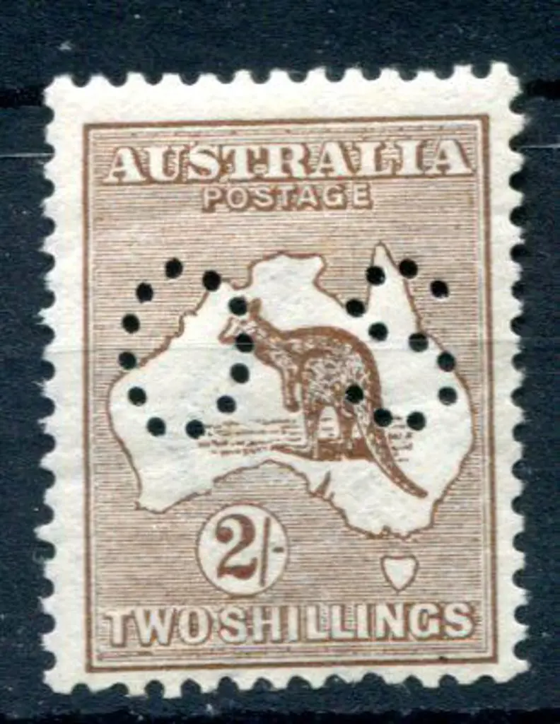 1913 2/- brown, 1st wmk perfined small "OS". MLH, ... Image 1++