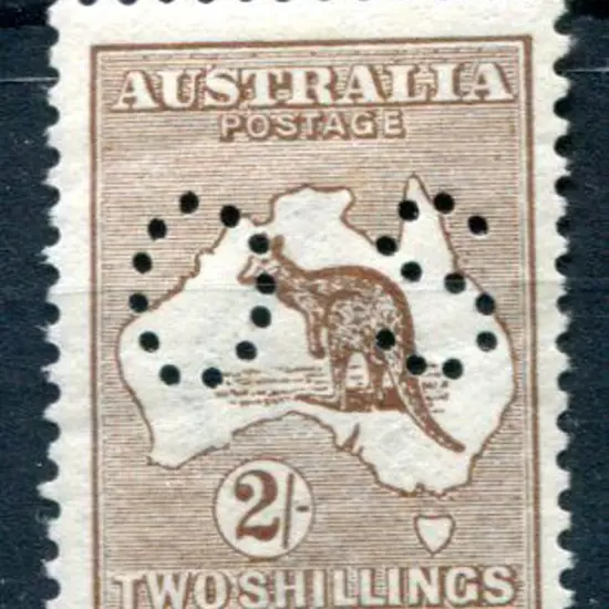 1913 2/- brown, 1st wmk perfined small "OS". MLH, ...