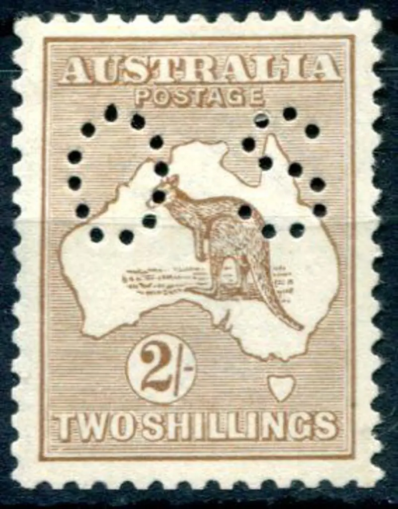 1915 2/- light brown, 2nd wmk perfined small "OS". ... Image 1++
