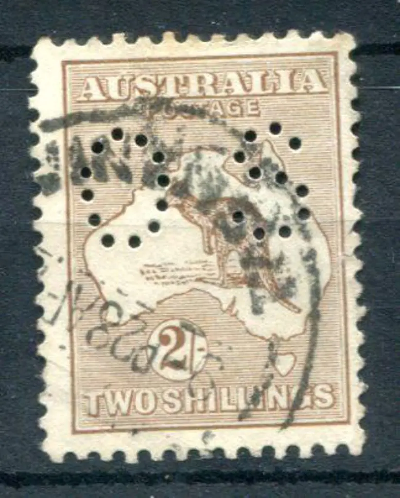 1915 2/- light brown, 2nd wmk perfined small "OS". ... Image 1++