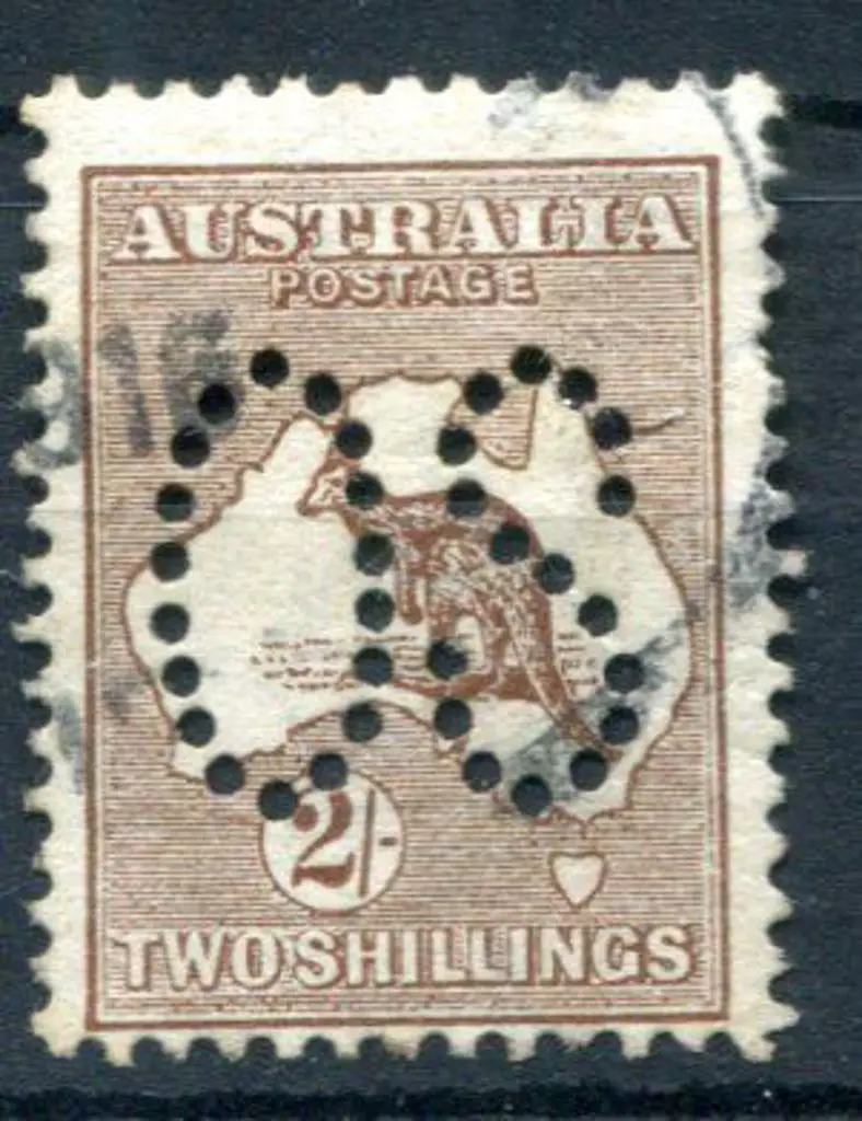 1913 2/- dark brown, 1st wmk perfined large "OS". ... Image 1++