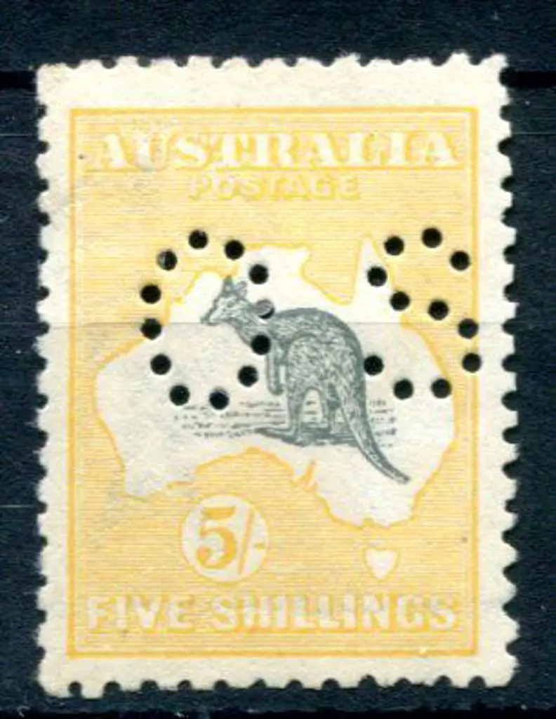 1915 5/- deep grey & chrome perfined small "OS". ... Image 1++