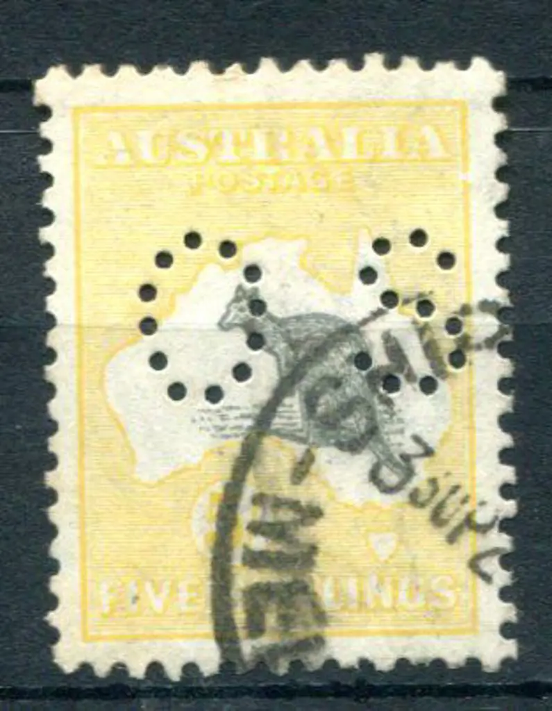 1915 5/- grey & pale yellow, 3rd wmk perfined "OS" ... Image 1++