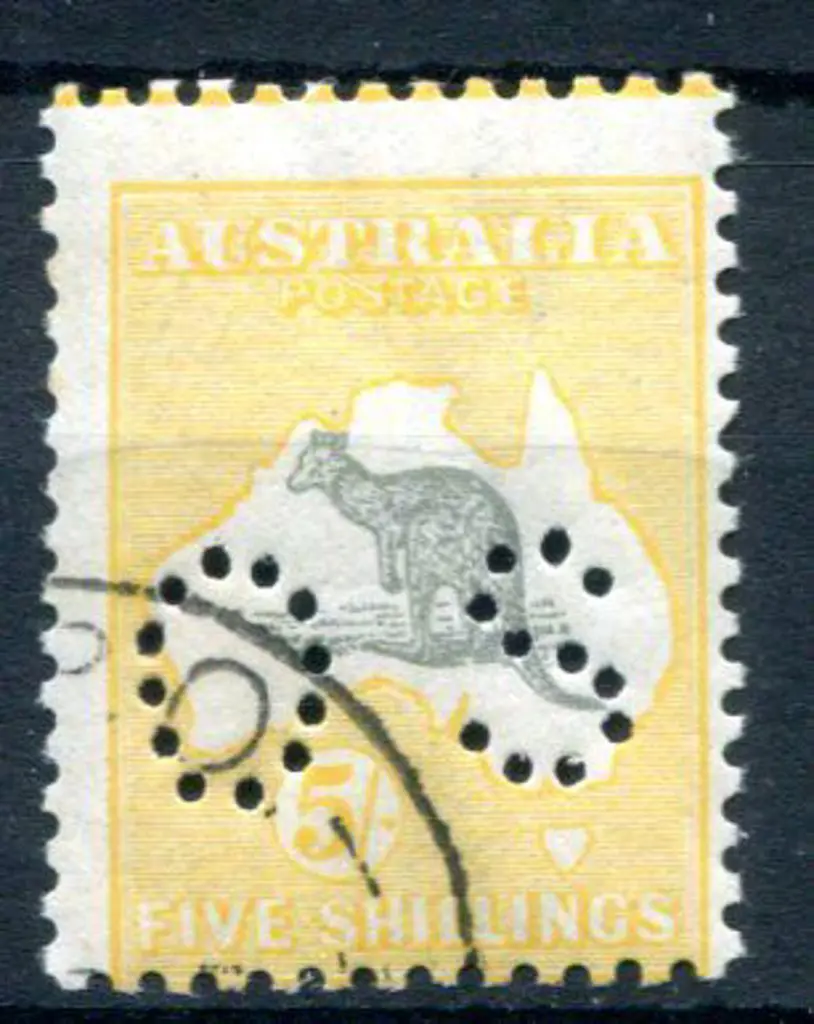 1915/18 5/- grey & yellow, 3rd wmk perfined "OS" ... Image 1++