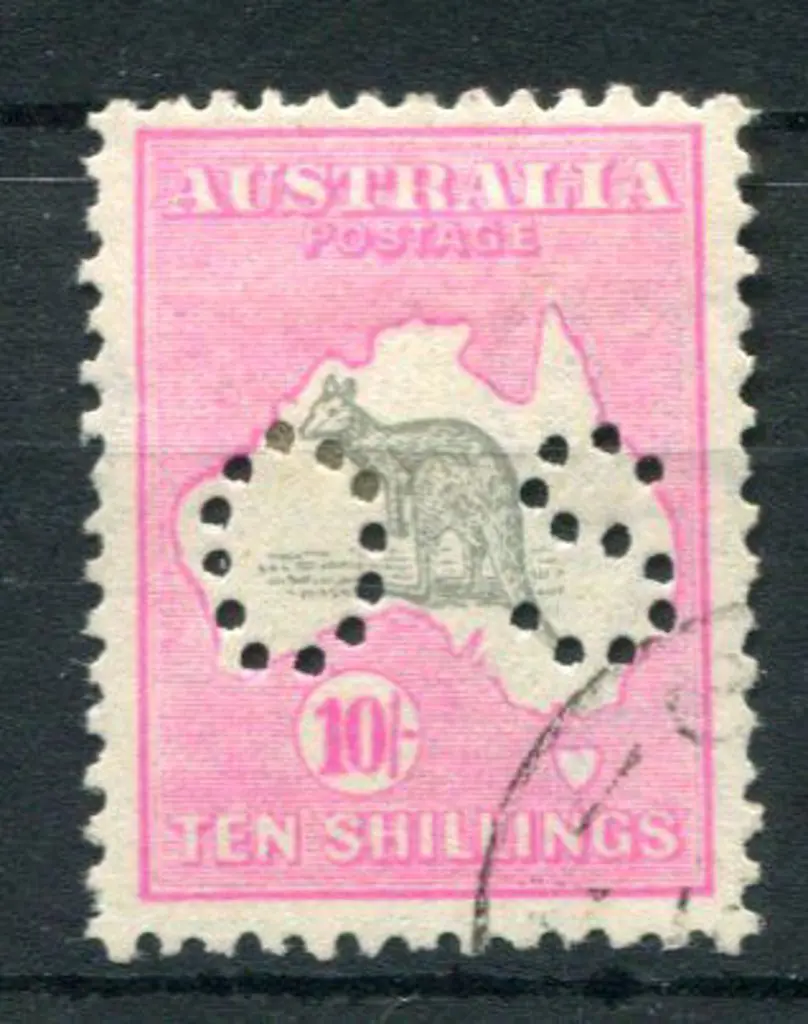 1915/28 10/- grey & pink, 3rd wmk perfined "OS". ... Image 1++