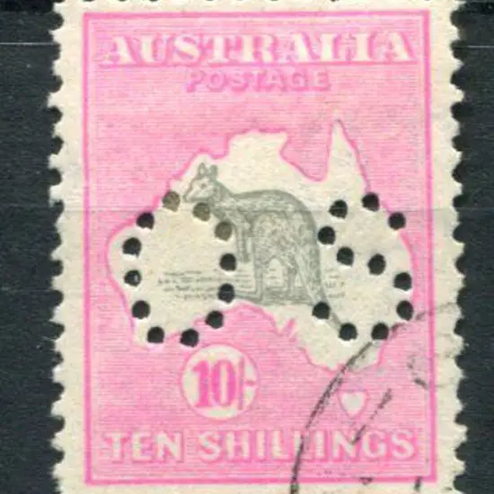 1915/28 10/- grey & pink, 3rd wmk perfined "OS". ...