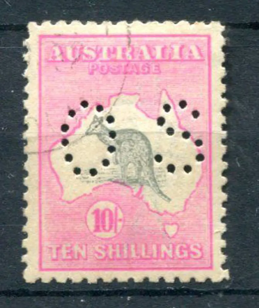 1918 10/- grey & pink, 3rd wmk perfined "OS". CTO ... Image 1++