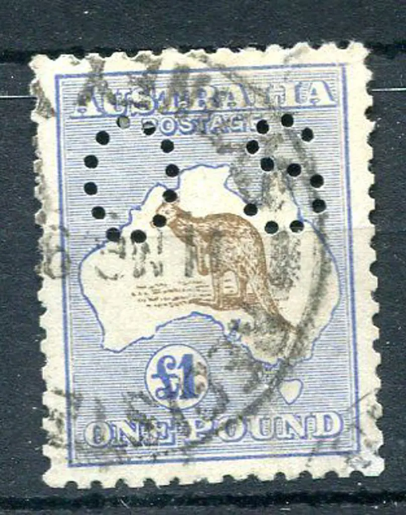 1915/28 £1 brown & blue, 3rd wmk perfined "OS" ... Image 1++