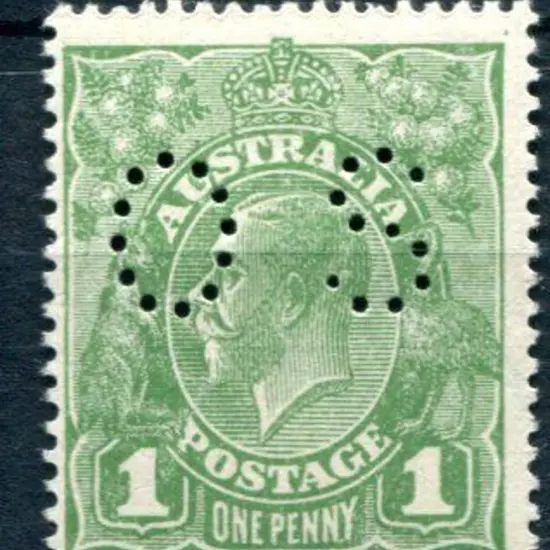 1918/20 1d green, LMW, perf.14 perfined "OS". Fine ...