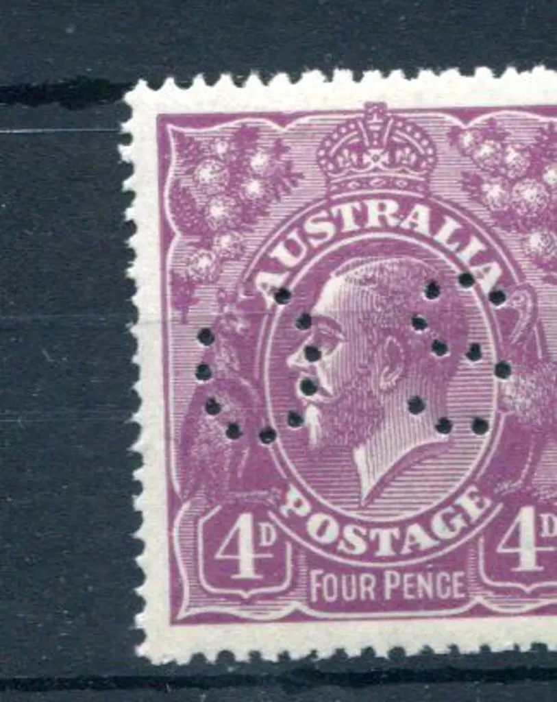 1914/20 4d violet KGV, single wmk perfined "OS". ... Image 1++