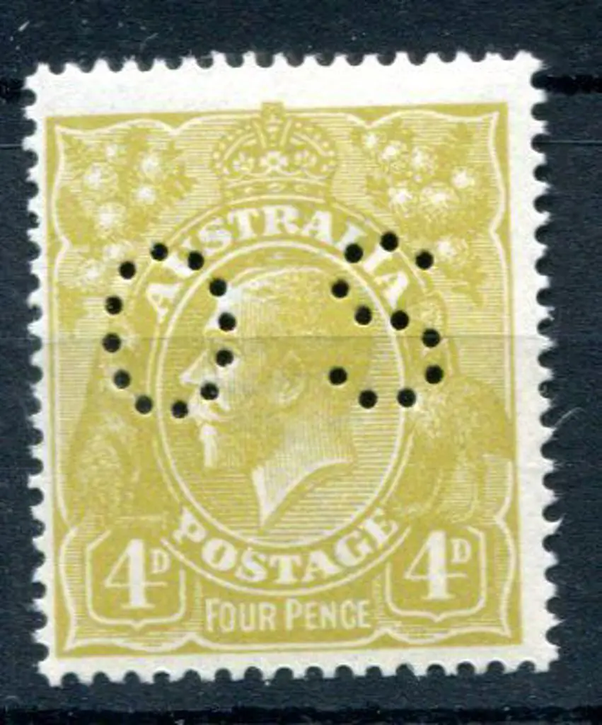 1914/20 4d olive KGV, single wmk perfined "OS". ... Image 1++