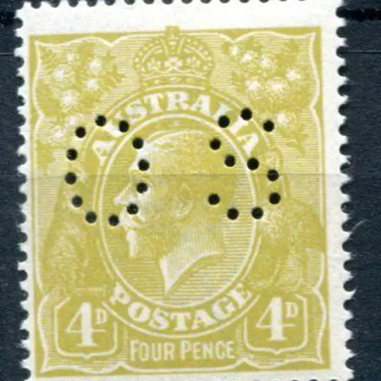 1914/20 4d olive KGV, single wmk perfined "OS". ...