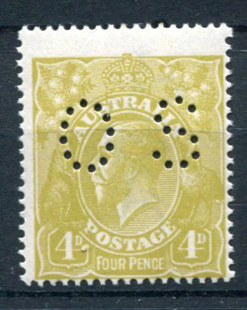 1914/20 4d olive-yellow, single wmk perfined "OS". ... Image 1++