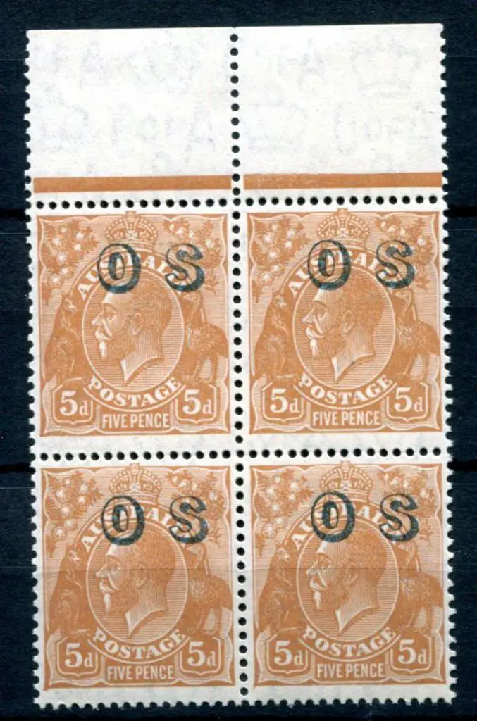 1931/36 5d orange-brown KGV, CofA wmk ovptd "OS" ... Image 1++