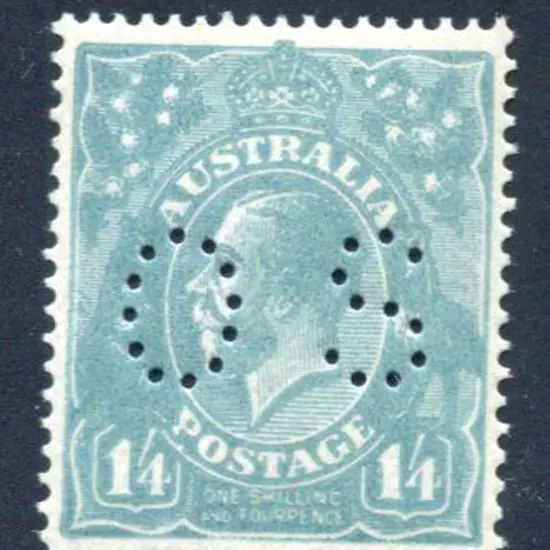 1914/20 1/4d deep turquoise blue perfined "OS". ...