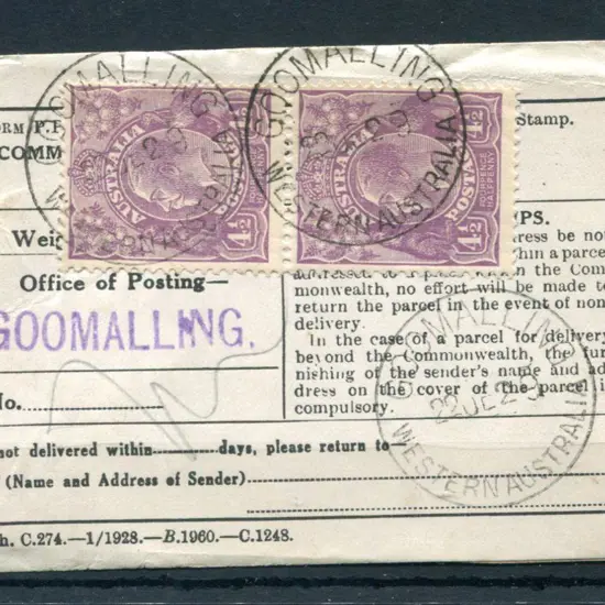 1929 (? ?) "Parcels Post" Form P.P. 1 with 1/- ...