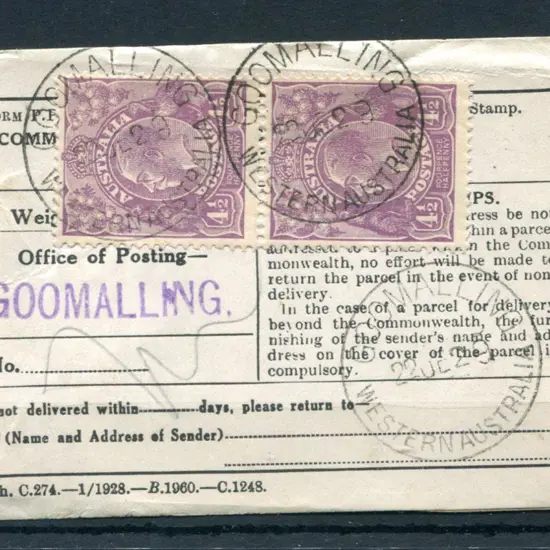 1929 (22nd July) "Parcels Post" Form P.P. 1 with ...