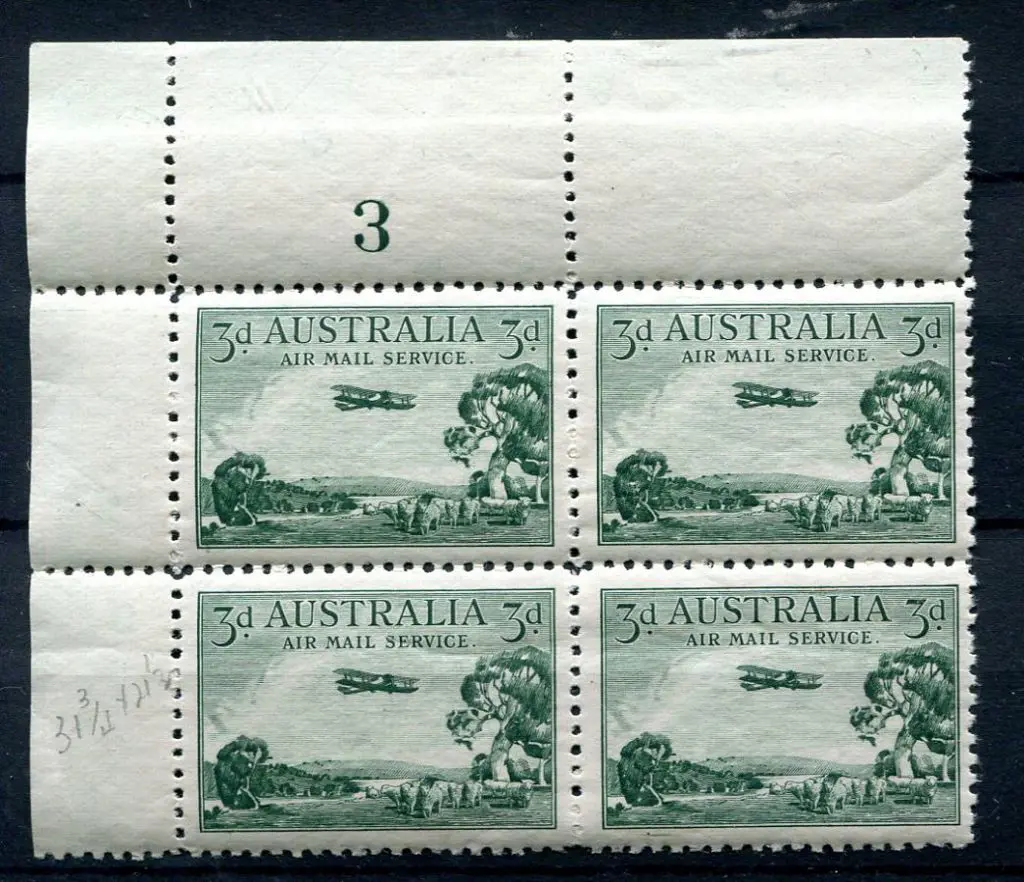 1929 3d Airmail, type B in Plate 3 block of 4. ... Image 1++