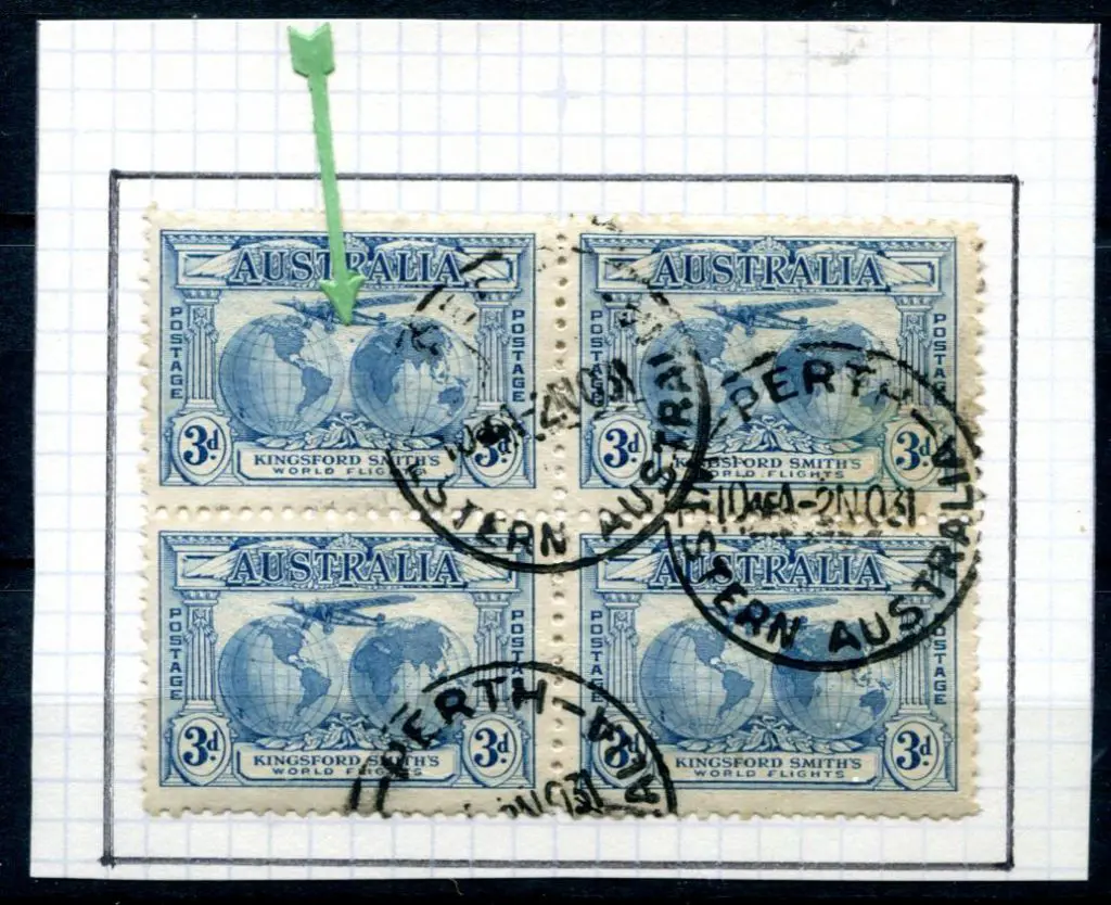 1931 3d Kingsford Smith block of 4 with "Plane ... Image 1++