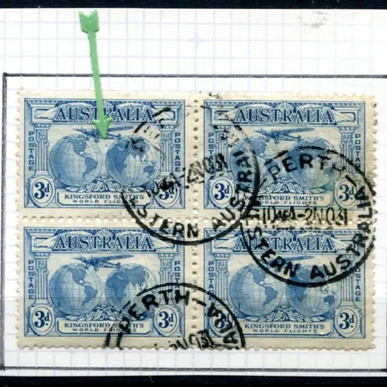 1931 3d Kingsford Smith block of 4 with "Plane ...