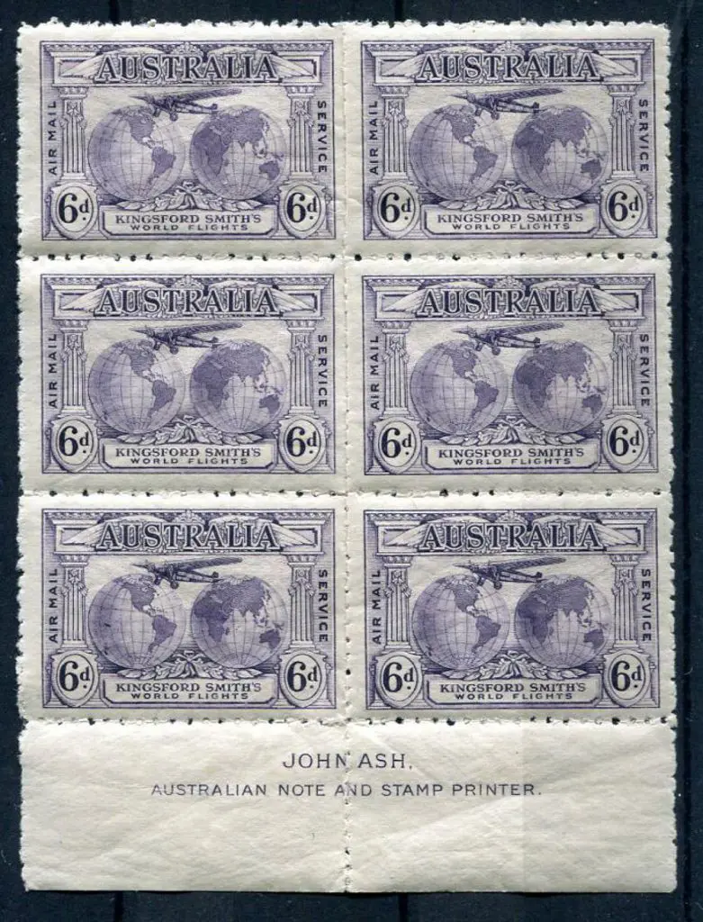 1931 6d Kingsford Smith John Ash imprint block of ... Image 1++