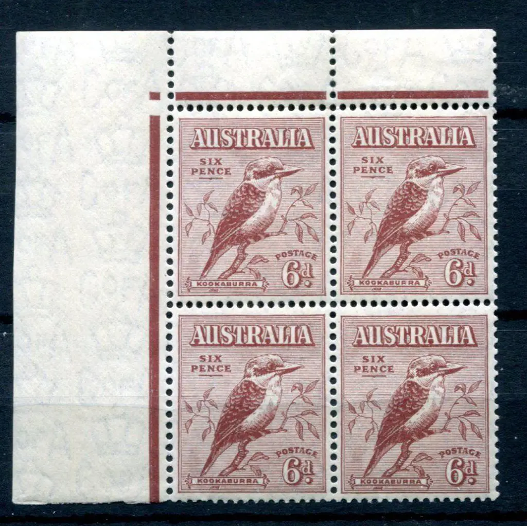1932 6d Kookaburra top left corner marginal block ... Image 1++
