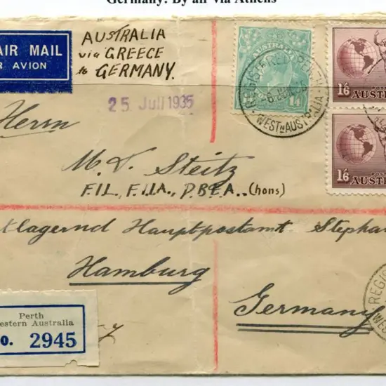 1935 (6th June) Perth Registered cover to Germany ...