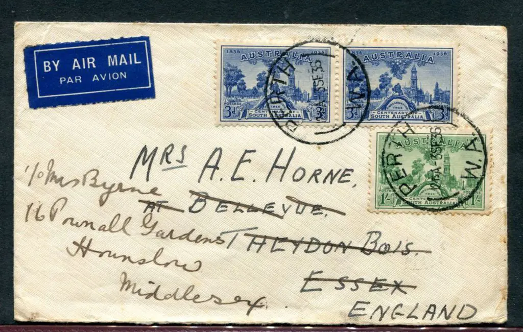 1936 (3rd Sept) 3d blue & 1/- green SA Cents tied ... Image 1++