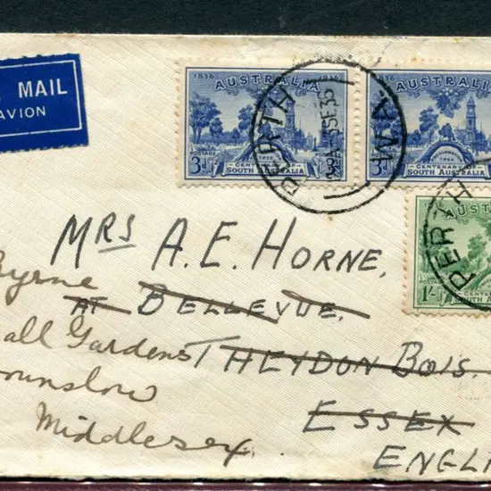 1936 (3rd Sept) 3d blue & 1/- green SA Cents tied ...