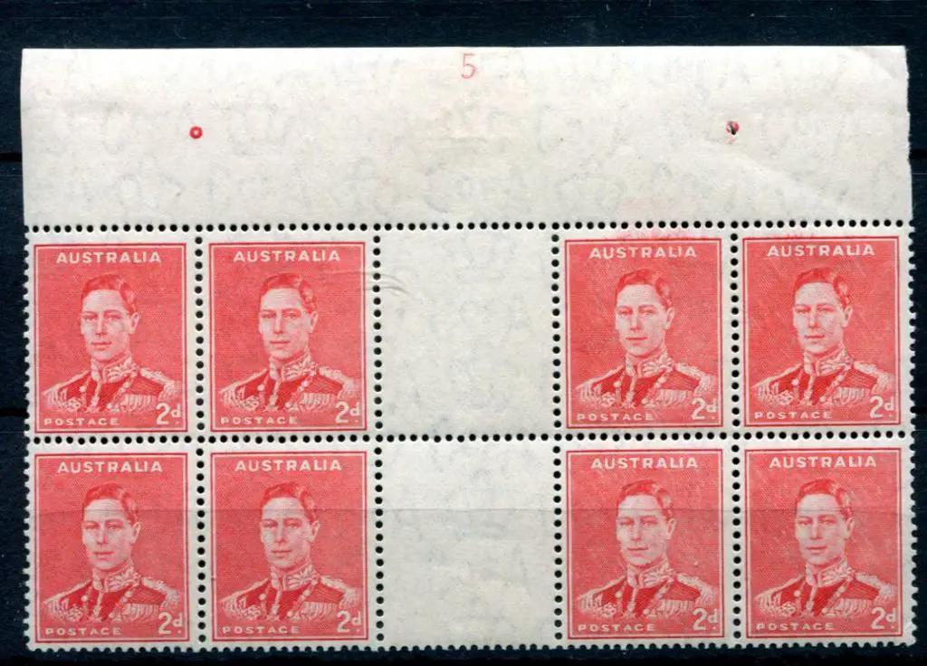 1938 2d scarlet KGVI, Die II in Plate 5 block of 8 ... Image 1++