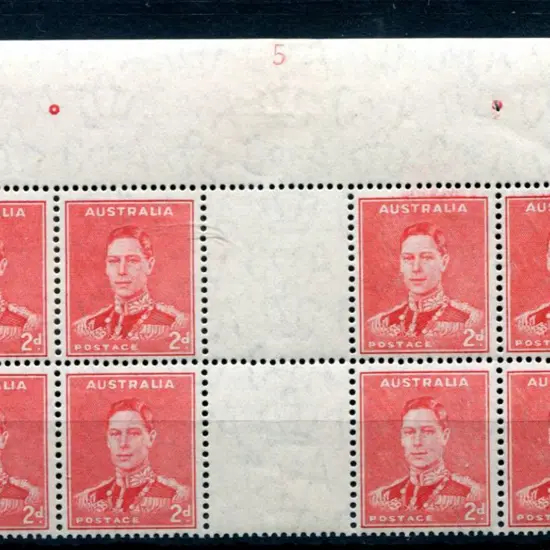 1938 2d scarlet KGVI, Die II in Plate 5 block of 8 ...