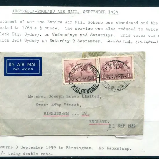 1939 (8th Sept) 1/6d Hermes pair on England ...