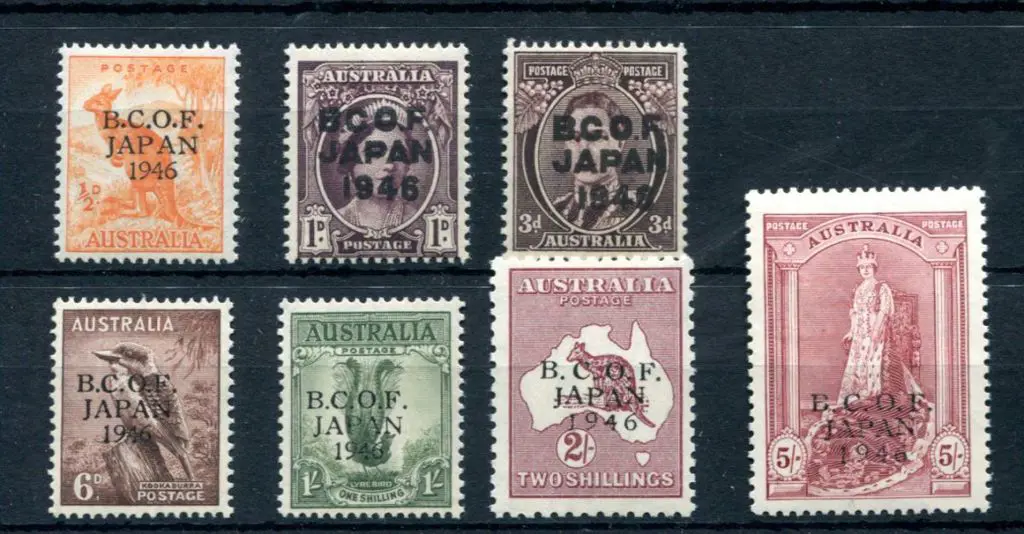 1946 BCOF set of 7 to 5/- Robes on thick paper. ... Image 1++