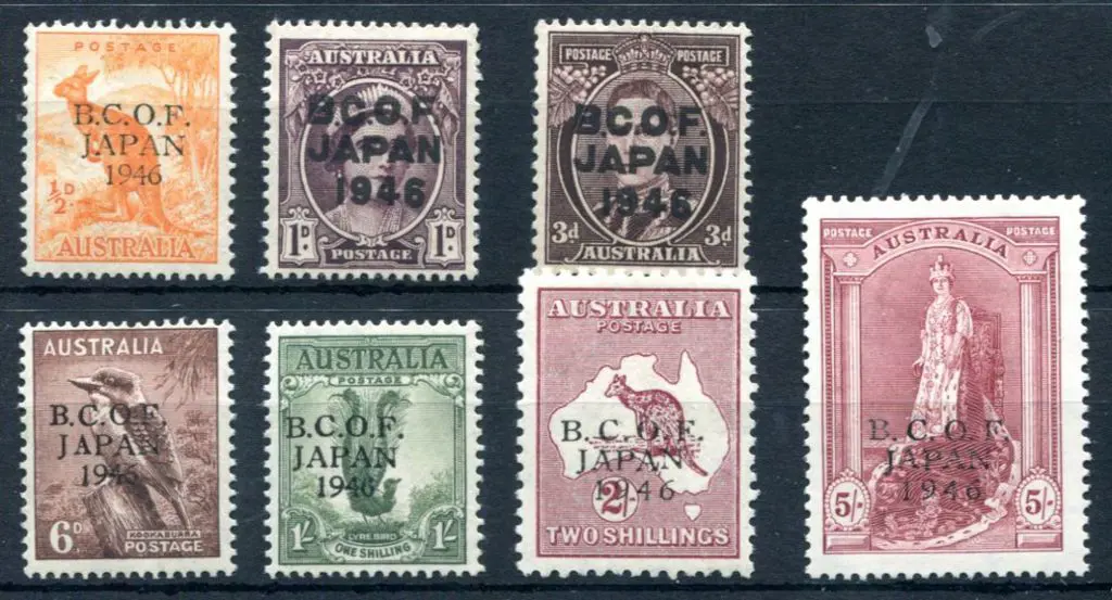 1946 BCOF set of 7 to 5/- Robes on thin paper. ... Image 1++