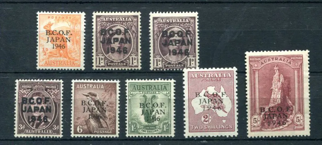 1946 BCOF ovptd set of 7 to 5/- on thin paper. ... Image 1++