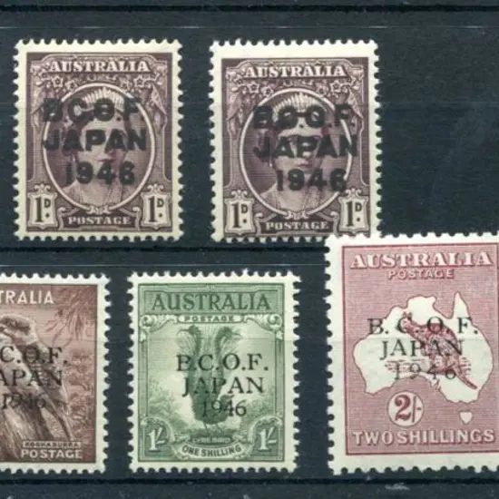 1946 BCOF ovptd set of 7 to 5/- on thin paper. ...