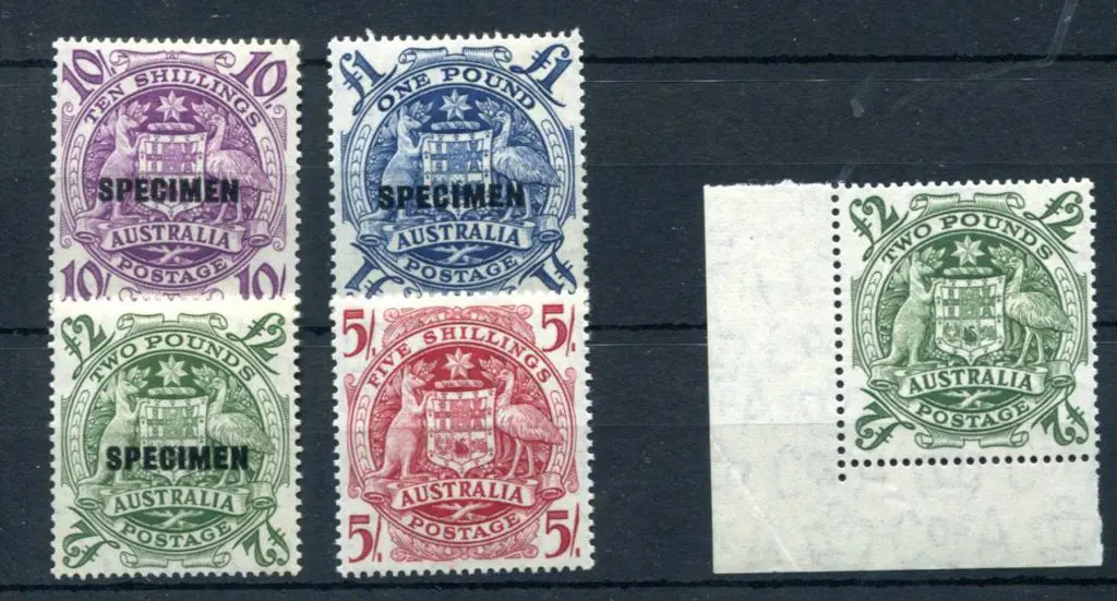 1949/50 10/-, £1 & £2 Arms ovptd "SPECIMEN" MVLH ... Image 1++