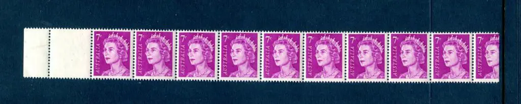 1966 7c purple QEII horiz row of 10 with blank ... Image 1++