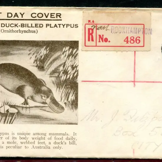 1938 (1st Sept) 9d Platypus tied by Registered ...