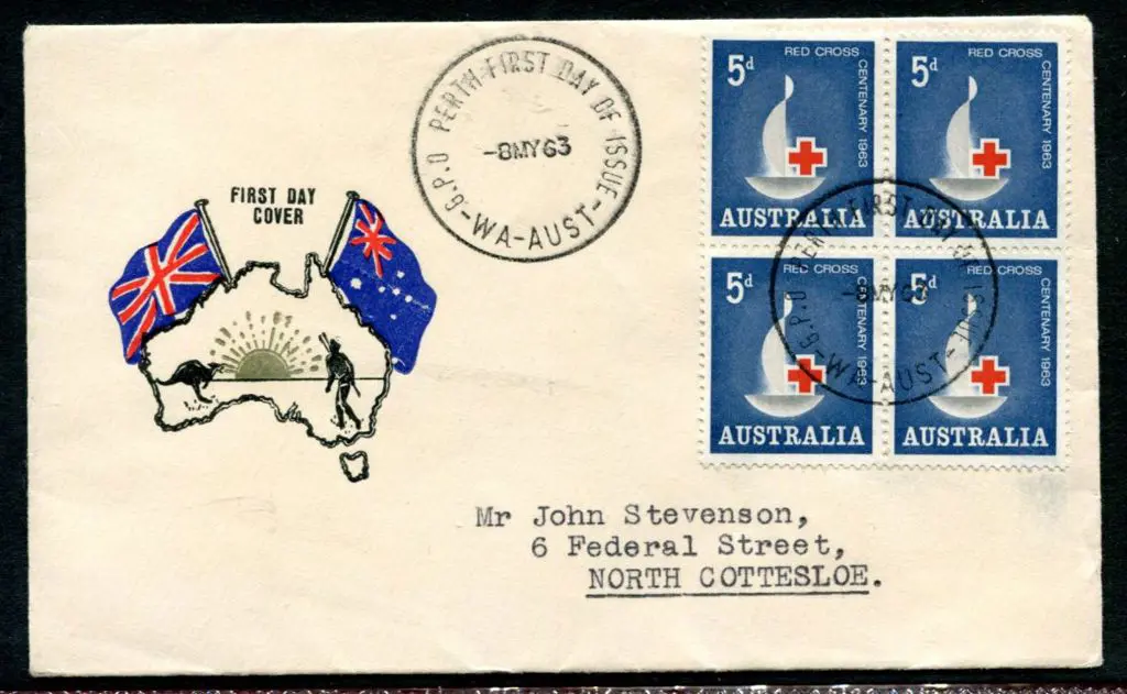 1963 (8th May) 5d Red Cross block of 4 on Challis ... Image 1++