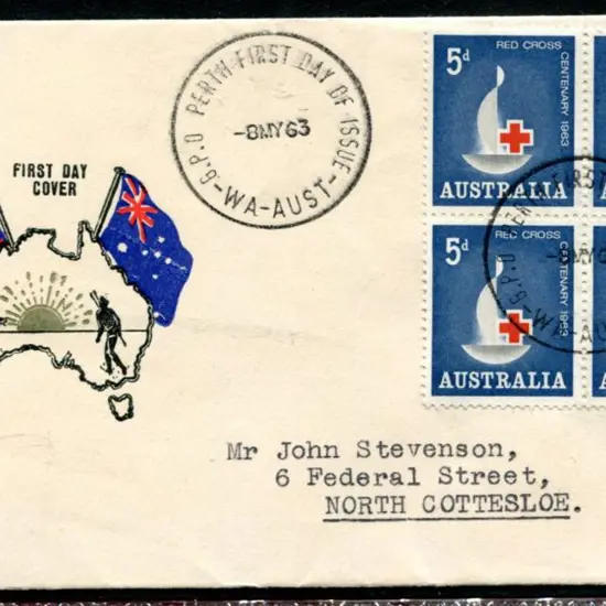 1963 (8th May) 5d Red Cross block of 4 on Challis ...