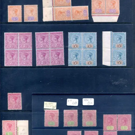 1892 ½d, 2½d & 5d in MUH blocks of 4 with extra ...