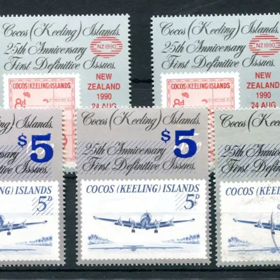 1990 $5 on 65c ovptd Constellation x 3 with MUH, ...