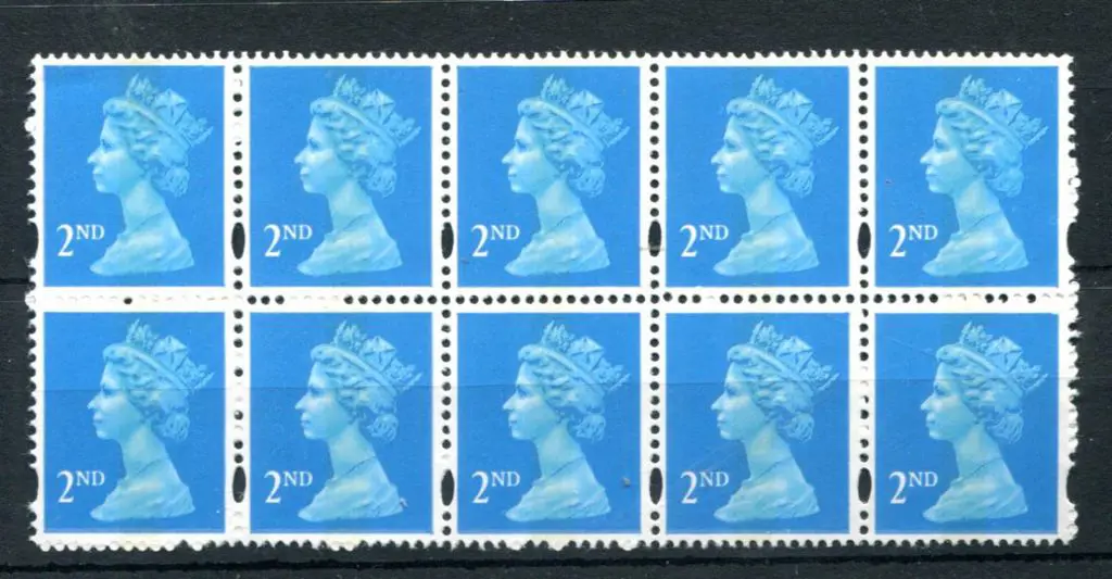 1998 2nd class bright blue Machin block of 10 ... Image 1++