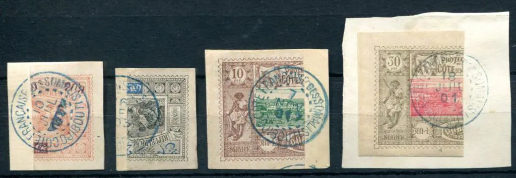 Djibouti 1894/1903 10¢ & 25¢ bisects of obach (SG ... Image 1++